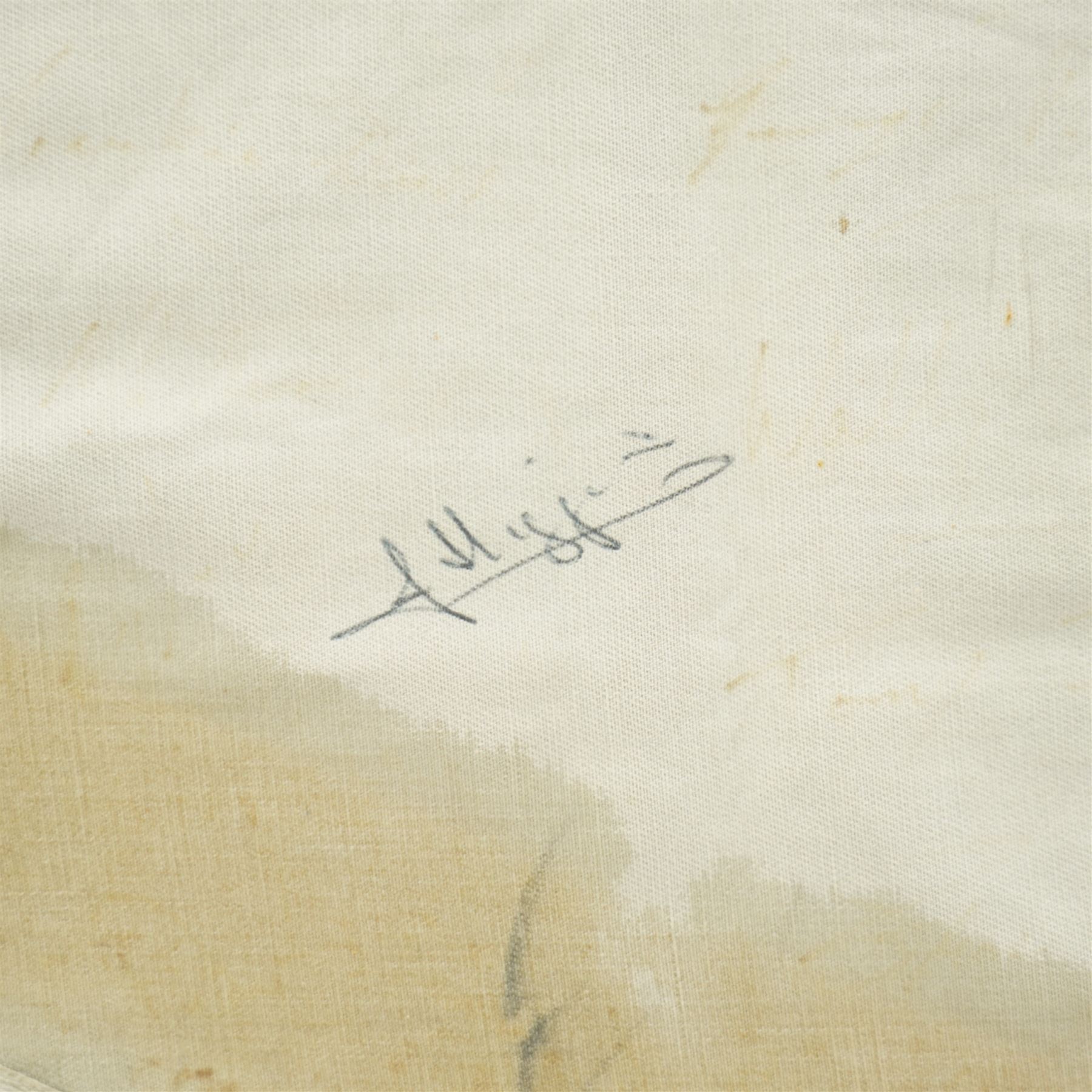 Signed saddle cloth, previously on display in the Mount Royale Hotel, York, autographed by various visiting jockeys and racing related television persons, to include Pat Eddery, Brough Scott, John McCririck, Peter O Sullivan, Willie Carson and others, frame 85cm x 69cm 