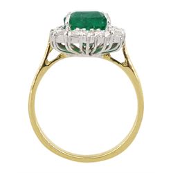 18ct gold emerald and diamond cluster ring, single octagonal cut emerald of approx 3.80 carat, with round brilliant cut diamond surround, hallmarked, total diamond weight approx 0.50 carat