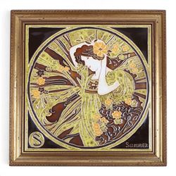 Set of Maw & Co tiles, The Four Seasons: Art Nouveau in style and a similar framed set of five green tiles