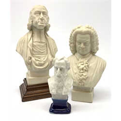 Two Robinson and Leadbeater Parian Ware busts, the first example modelled as John Wesley, with impressed inscription verso, upon stepped wooden base, H22cm, the second example modelled as Bach, H17cm, each with impressed maker's mark, together with a small bisque bust of General Booth of the Salvation Army. 