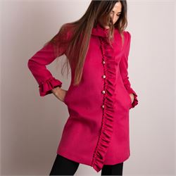 Gucci - wool ruffle-front single-breasted coat in bright fuchsia pink, with high ruffled collar, cascading ruffle trim to the front, collar and cuffs, faux pearl and gilt GG monogram logo button fastening, size 44, unused with the original garment bag and hanger