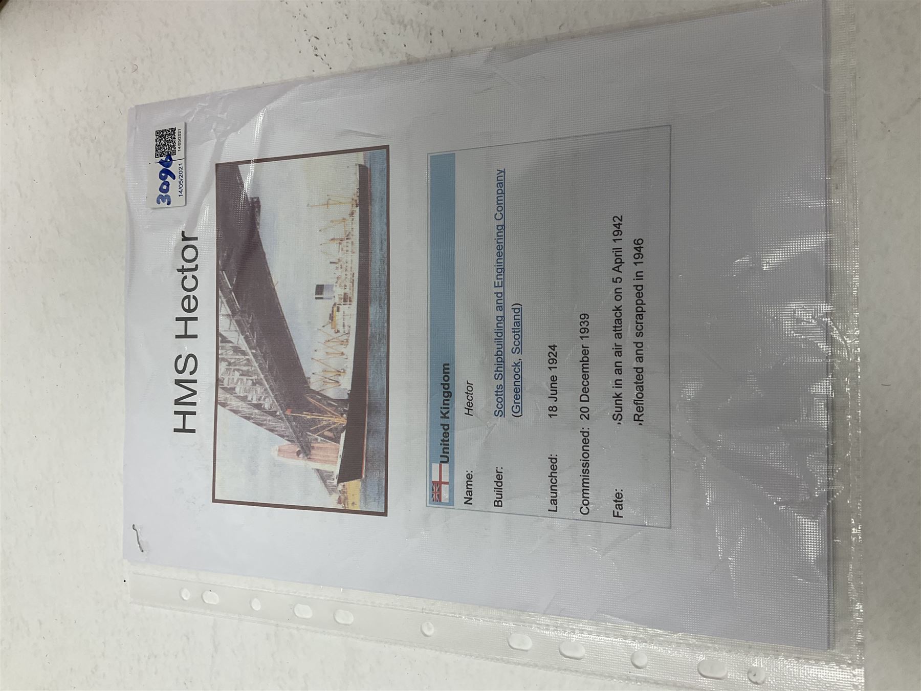 Scratch built model of the SS/HMS Hector armed merchant cruiser with full range of deck fittings L168cm with two copies of biographical information