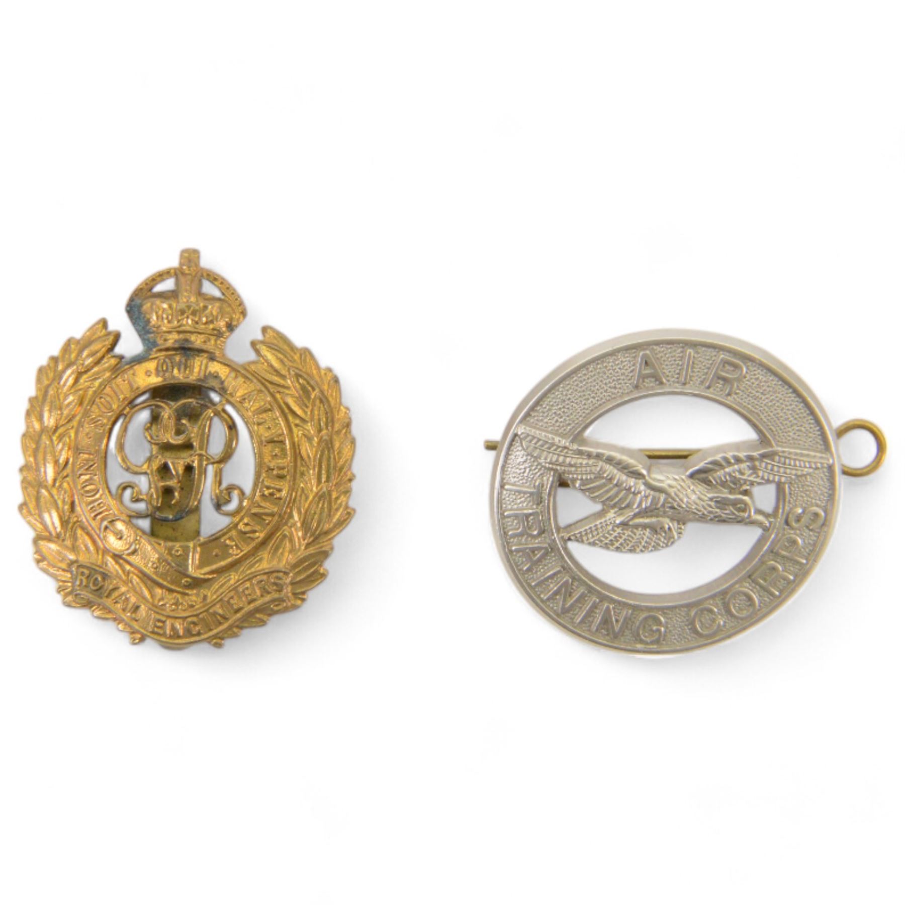 WWI pair of medals comprising British War Medal and Victory Medal awarded to 34859 Pte. A.H. White Royal Hampshire Regiment, together with RAF Cap Badge, Royal  Engineers Cap badge and other medals 
