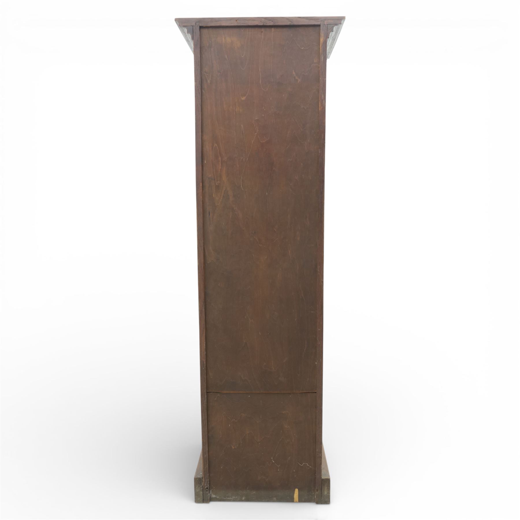 Edwardian oak pedestal office cabinet, moulded rectangular top over tambour shutter enclosing fitted interior, with fifteen graduated drawers each with recessed brass cup handle and label holders, panelled sides, on plinth base