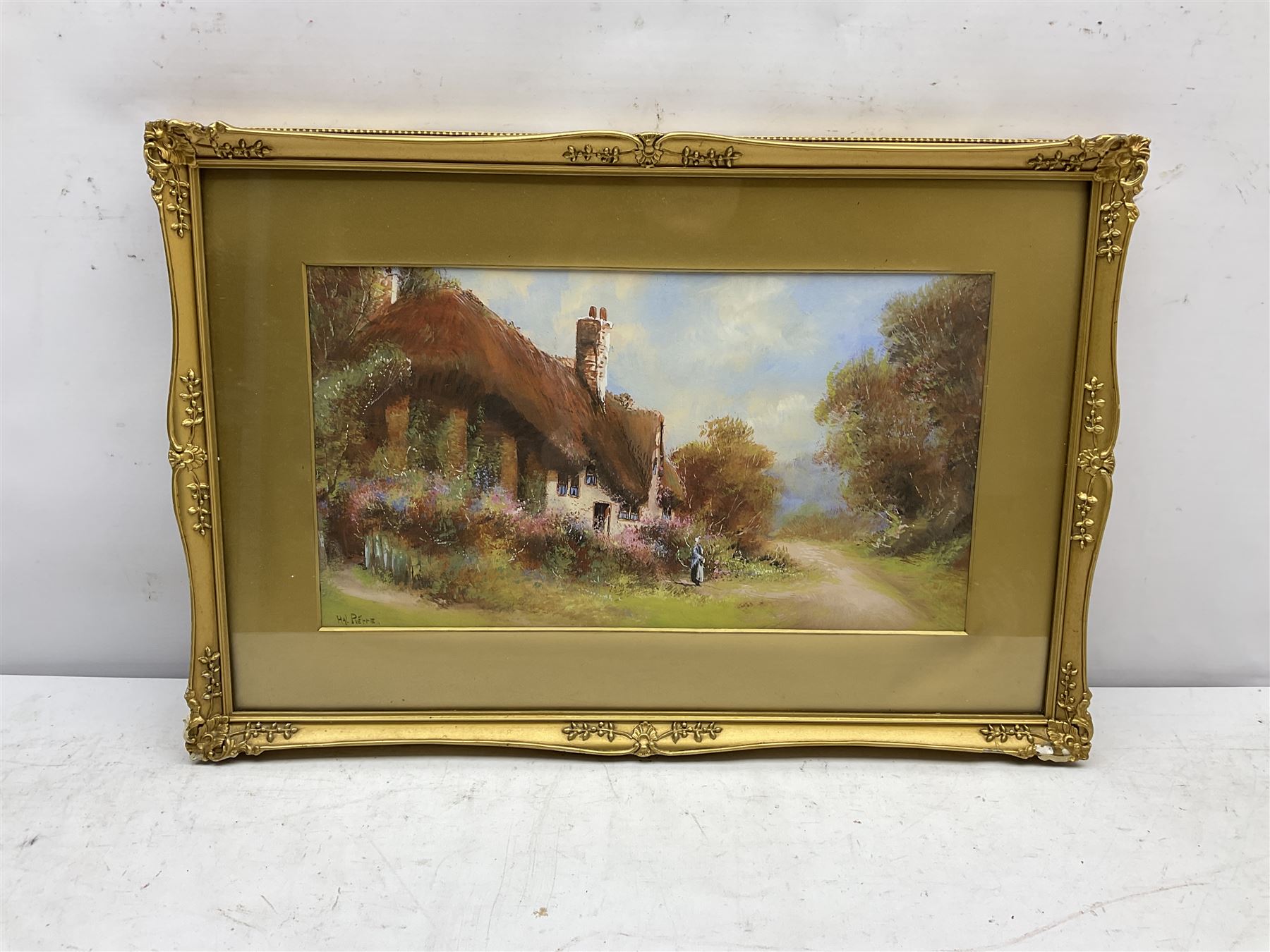 Hal Pierre (19th century): Figure before a Thatched Cottage, gouache signed 19cm x 35cm