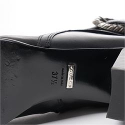 Gucci - pair of Dionysus ankle black leather boots with block heels, with signature silver tone tiger head buckle fastening and full length zip, size 37½, total boot height 24cm, with original box and dust bags