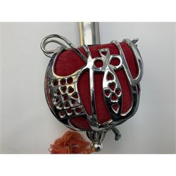 Reproduction Scottish basket hilted broadsword with 85cm double edged steel blade and red lined basket hilt with wire bound grip, in white metal mounted leather scabbard 107cm overall