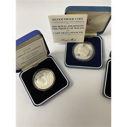 Four United Kingdom silver proof coins, 1981 commemorative crown, 1998 five pounds, 1995 two-pounds, all cased with certificate and a 1995 two-pound coin cased without certificate (4)