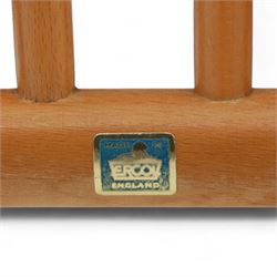 Ercol - Pair of high back Windsor kitchen chairs, elm seats with beech stick backs and legs, shaped saddle seats and turned stretchers