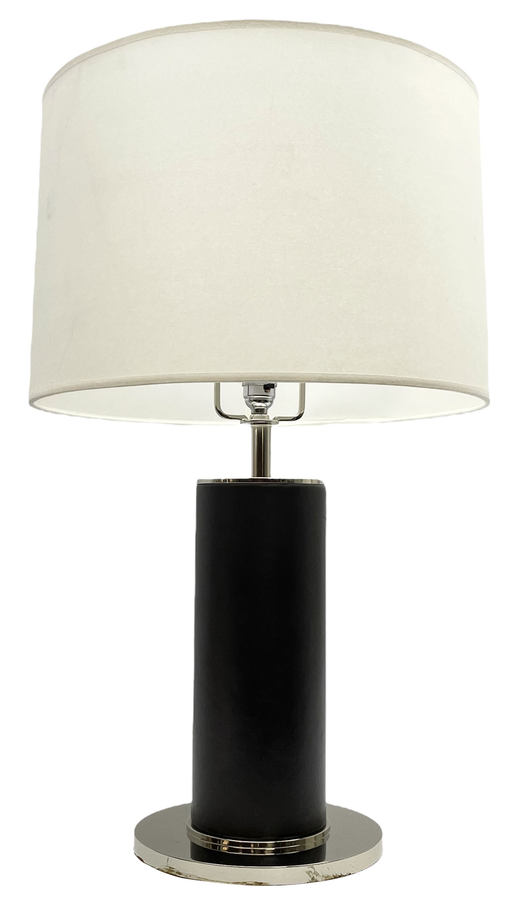 Ralph Lauren - 'Beckford' table lamp, cylindrical form in chocolate brown leather, polished metal base, with shades