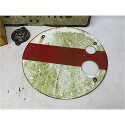 Victorian cast iron railway wagon plate, 'To Carry 10 Tons 4012, Registered by LNER-D 1898', together with a similar mid 20th century example, a smaller cast iron LMS wagon plate, Chalwyn signalling lamp, Give Way to Trains enamel sign and an enamel signal sign