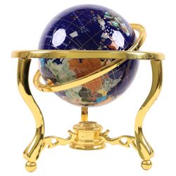 Semi precious stone set globe, blue ground, on a gimbal stand, H40cm