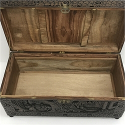  Eastern carved camphor wood blanket box depicting urban scene, W94cm, H49cm, D45cm   