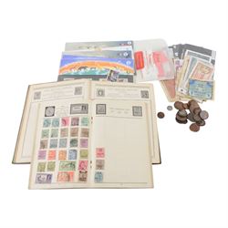 Great British and World coins, banknotes, and stamps, including George II 1758 silver shil...