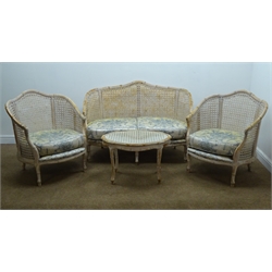  White painted wood bamboo conservatory suite with canework panels and curved shaped backs comprising two seat settee, W140cm, a pair of armchairs, W75cm and an oval coffee table, all on cabriole legs (4)  