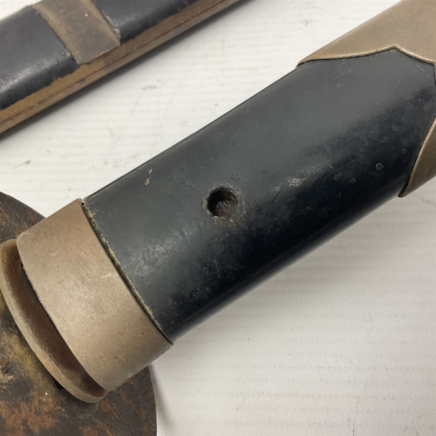 Good quality Japanese sword blade with later WWII fittings and scabbard  - 67.5cm slightly curving blade with unmarked tang, plain iron tsuba and lacquered grip with copper mounts; in lacquered wooden scabbard with tape bound tip L94cm overall