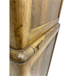 Early 20th century Art Deco walnut cocktail tallboy chest, fitted with double cupboard enclosing two shelves over two short and three long drawers, each with shell shaped handes