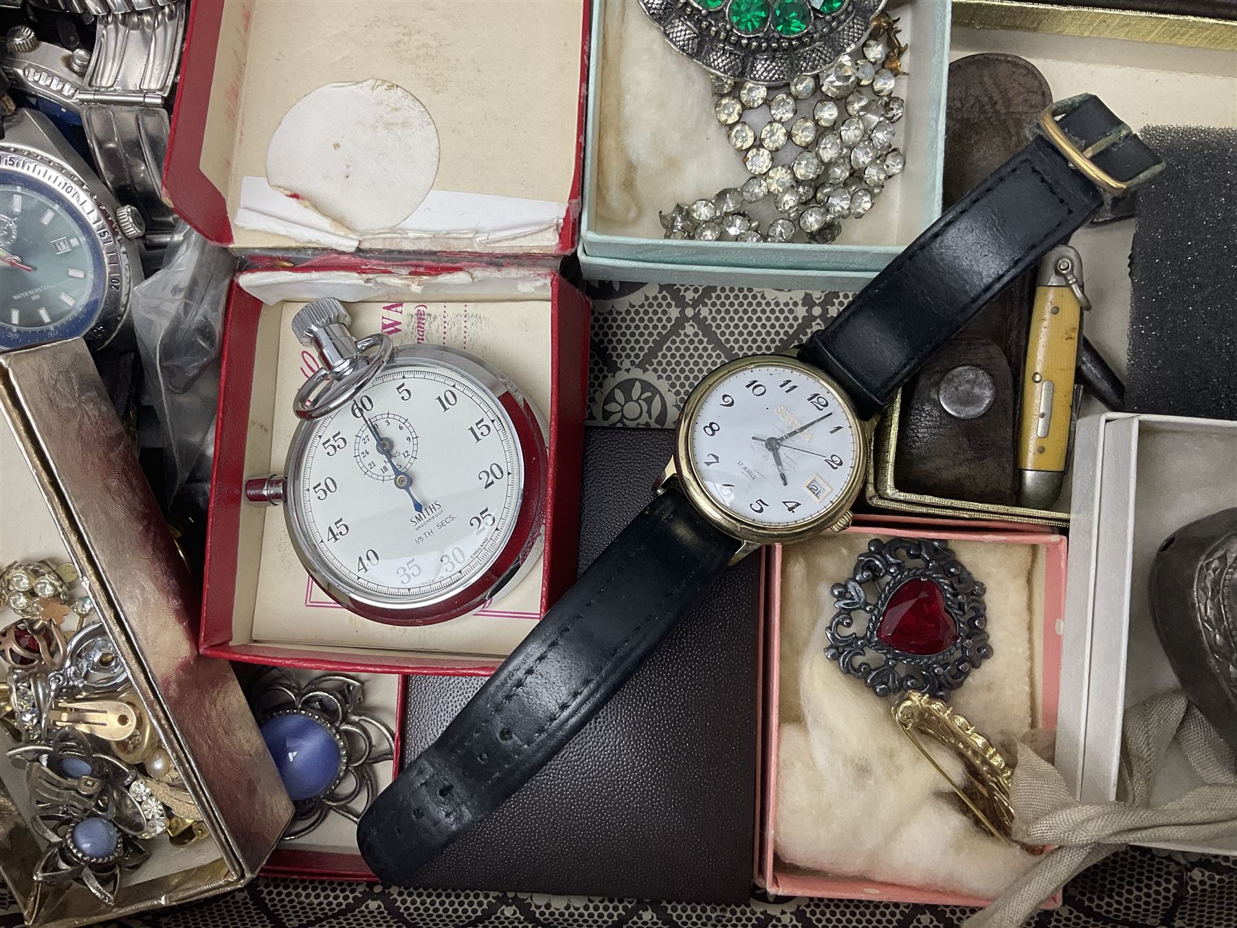 Victorian and later jewellery including silver thimble, rolled gold pendants, earrings and brooches and a collection of wristwatches including Sekonda, The Westminster Collection Historic Timepieces Spitfire pocket watch etc