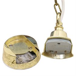 20th century Tiffany style stained glass centre light, the multi-sided shade formed from marbled blue glass panels bordered by a band of stylised floral motifs