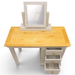 Modern bedroom suite comprising; a dresser, blanket box, bedside table, oak tops over a pale blue with wooden turned knobs

Dresser (H 77cm, D 48cm, W 107cm)
Blanket box (H 51cm, D 48cm W 91cm)
Bedside table (H 64cm, D 39cm, W 54cm)