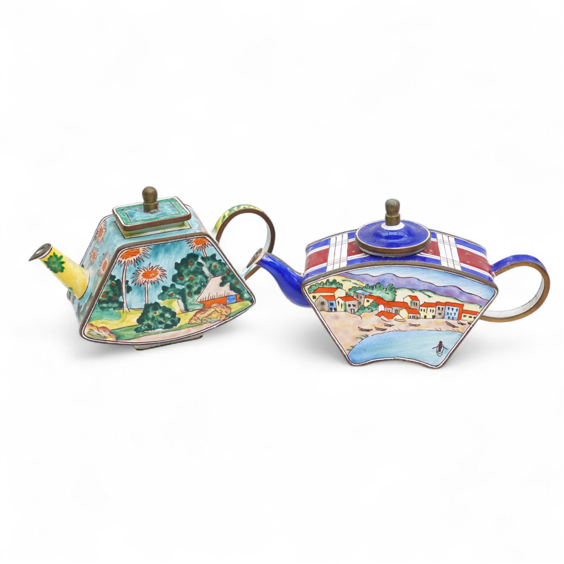 Ten Charlotte de Vita for Trade plus Aid miniature hand-painted enamel teapots, designs comprising The Kiss, Peter Rabbit, Dancing Girls, Catkins etc; and one other painted enamel teapot, largest H9.5cm (11)