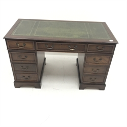 Georgian style mahogany twin pedestal desk, green leather inset top, nine drawers, shaped plinth base, W123cm, H75cm, D61cm
