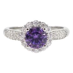 Silver amethyst and cubic zirconia cluster ring, stamped 925 