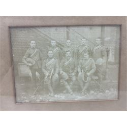 Framed photograph of soldiers entitled 'Young Horse-Men 3rd Prince of Wales Dragoon Guards Curragh Camp July 1900' 18 x 25.5cm; oak frame; another similar oak framed photograph of soldiers; and a modern framed copy of a WW1 period picture of soldiers, probably Lincolnshire Regiment (3)