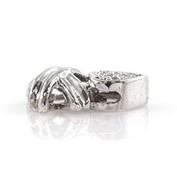 14ct white gold heart and cross pendant, pave set with round cut diamonds, stamped