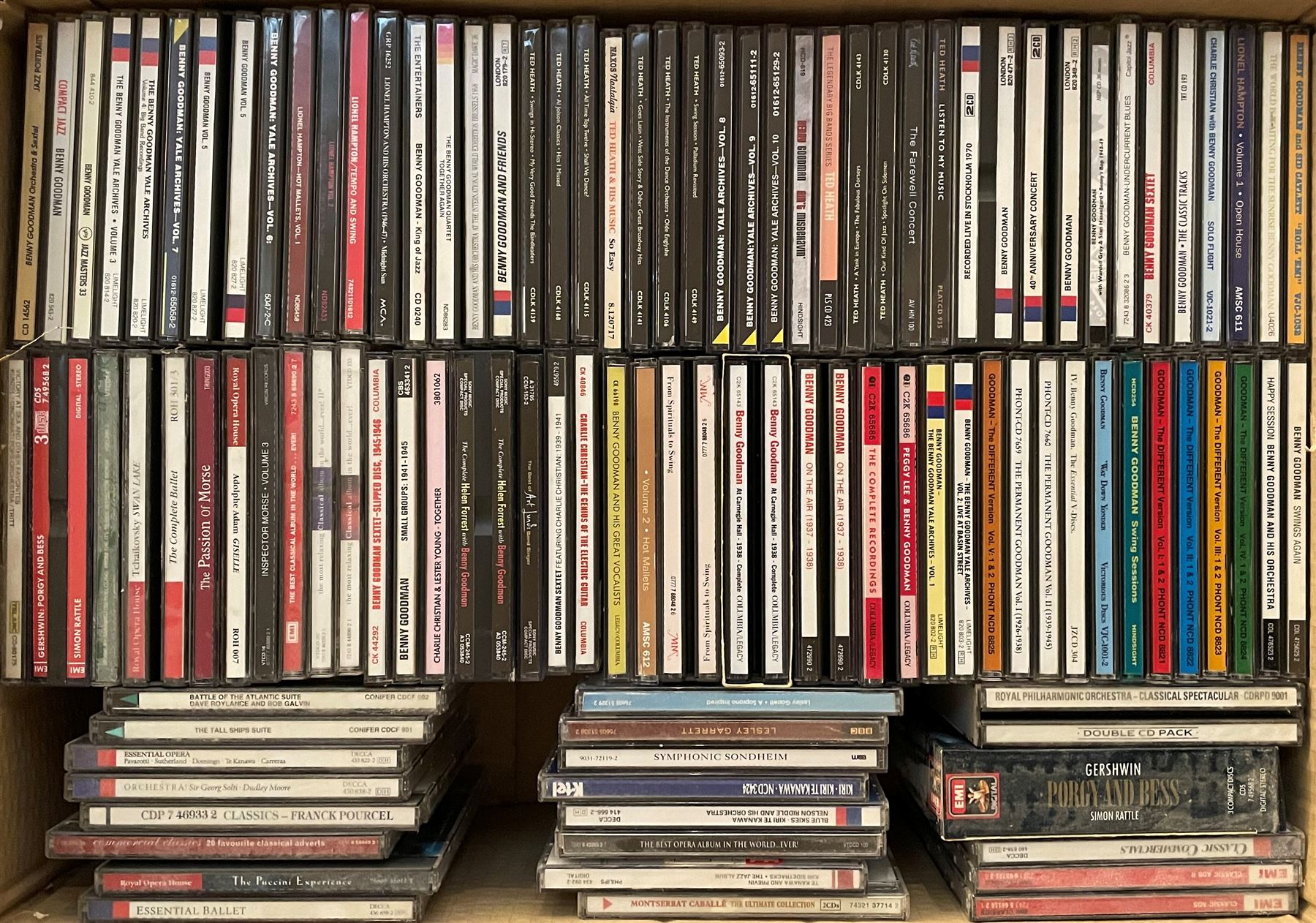 A large collection of mostly Jazz CD's including Glenn Miller, Gene Krupa, Duke Ellington, Stan Kenton, Benny Goodman and other music in four boxes (400+)