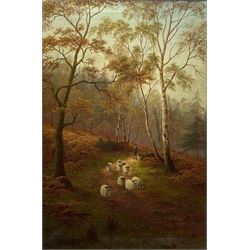 William Mellor (British 1851-1931): Shepherd and Sheep in 'Heber's Wood Near Ilkley', oil on canvas signed, titled verso 75cm x 50cm