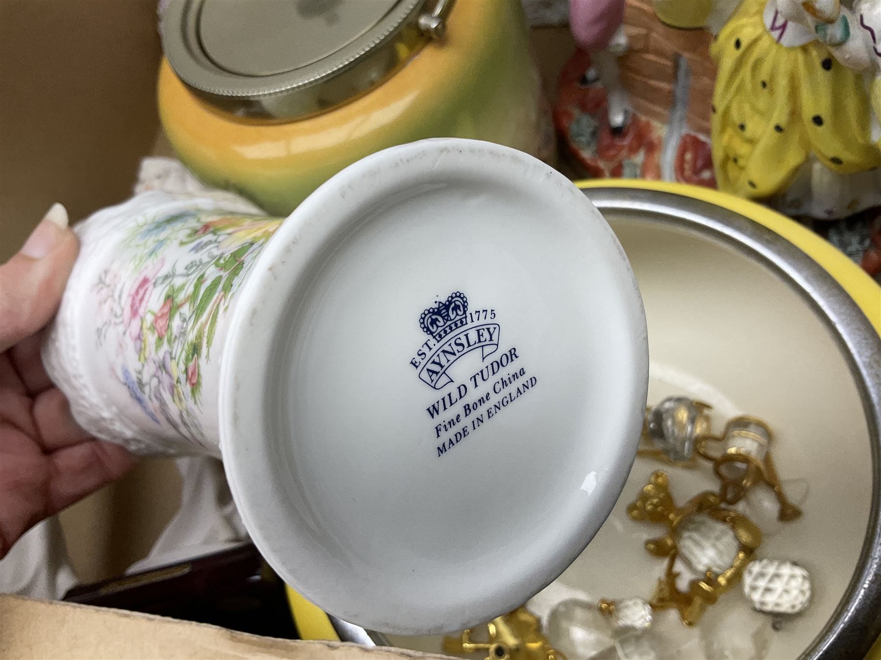 Royal Worcester miniature loving cup, Royal Doulton Wendy figure HN 2109, Lladro dish, two Giuseppe Armani figures, Staffordshire style figural vase, Crown Devon Fieldings blush ivory ewers and twin handled vases, Villeroy & Boch, Royal Doulton, Carlton Ware, Masons ironstone, other ceramics, teawares etc in four boxes