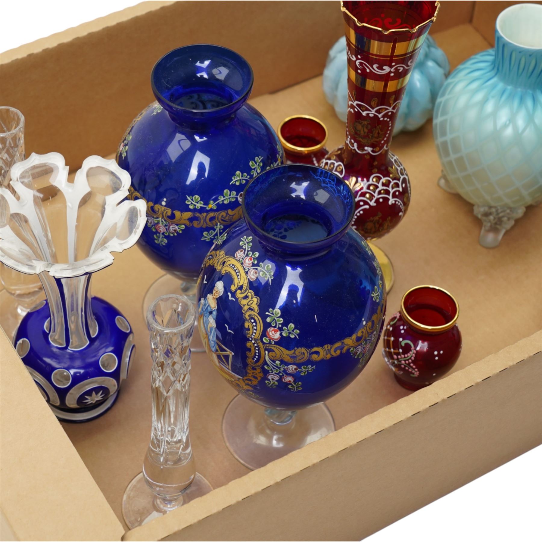 Three Victorian satin glass vases, and various other coloured glass examples