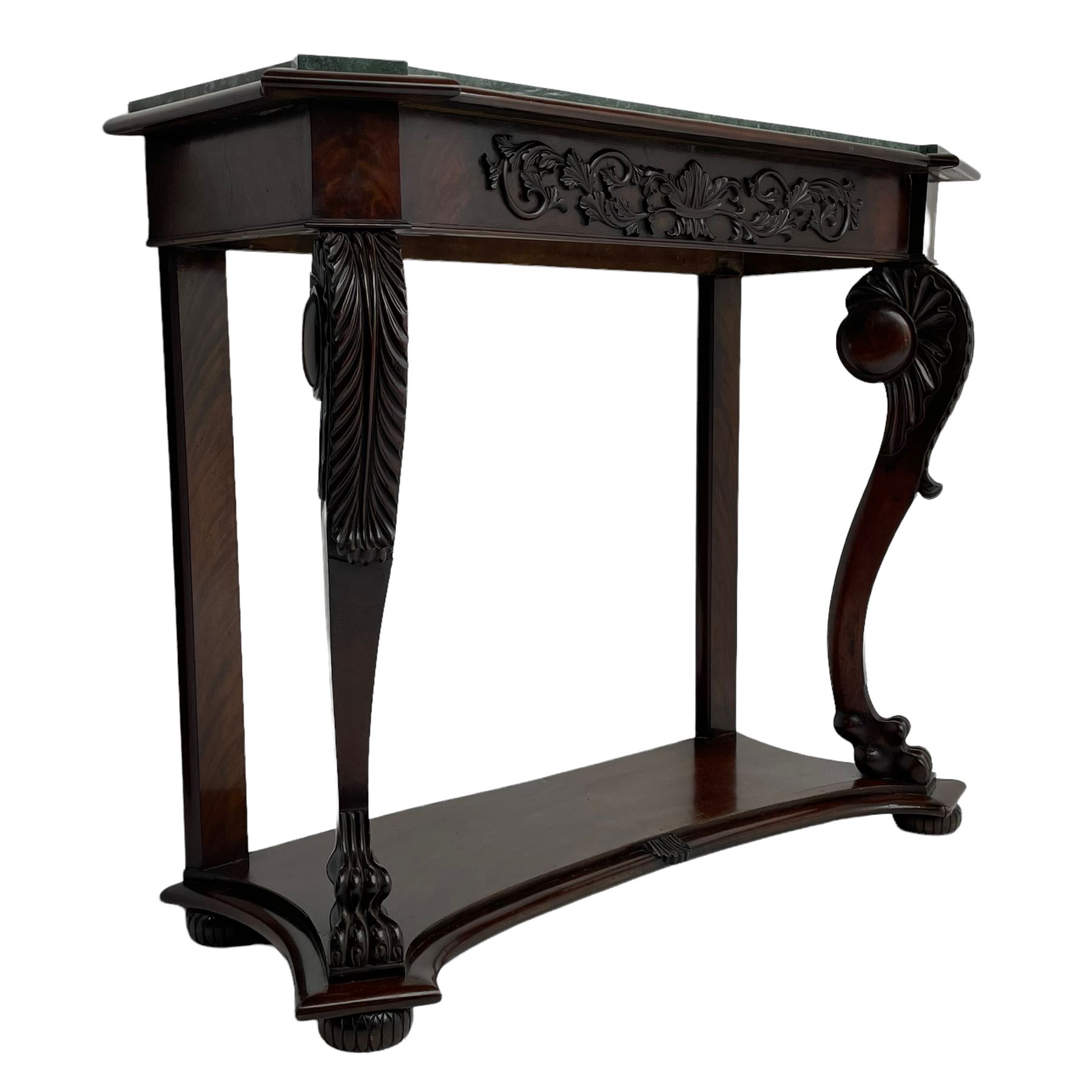 19th century Irish mahogany console table, with green canted marble top and figured frieze with carved scrolled foliage mount, acanthus carved cabriole supports with claw feet and shaped moulded plinth