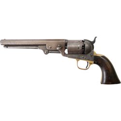 Colt .36 navy percussion revolver, with octagonal 7 1/2in. barrel top flat marked Address Col Samd Colt New York US America, frame stamped `Colts Patent' matching serial numbers, 112625, iron frame marked Colts Patent, brass grip-straps and trigger guard, smooth flared walnut grip, overall L33cm