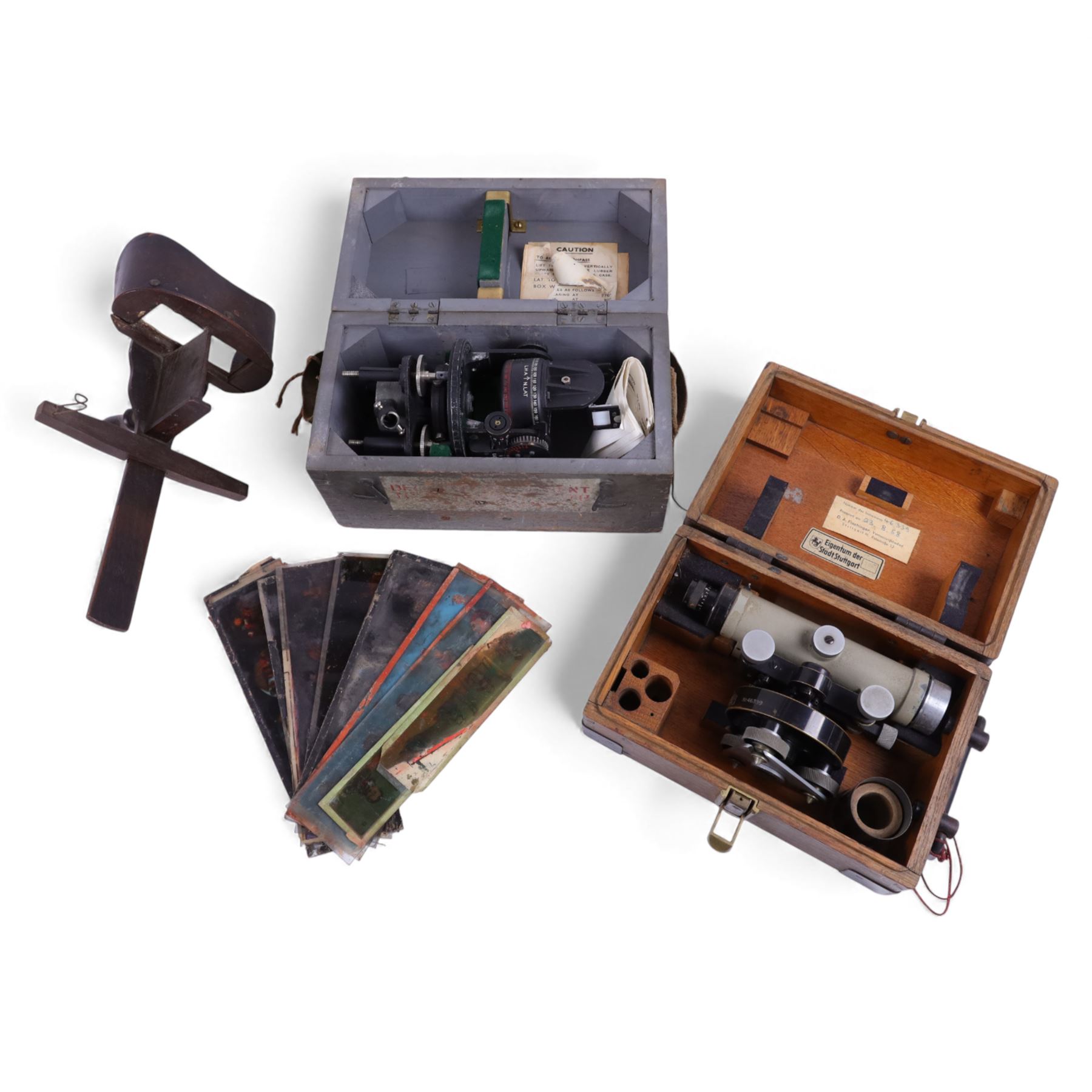 Carl Zeiss Jena theodolite no. 46339, Astro Compass MKII, stereoscopic viewer and glass slides