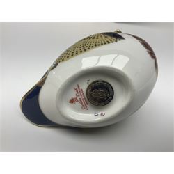 Royal Crown Derby paperweight, Carolina Duck, with gold stopper, together with Royal Crown Derby Old Imari pattern plate and two coffee cans, all with printed marks beneath