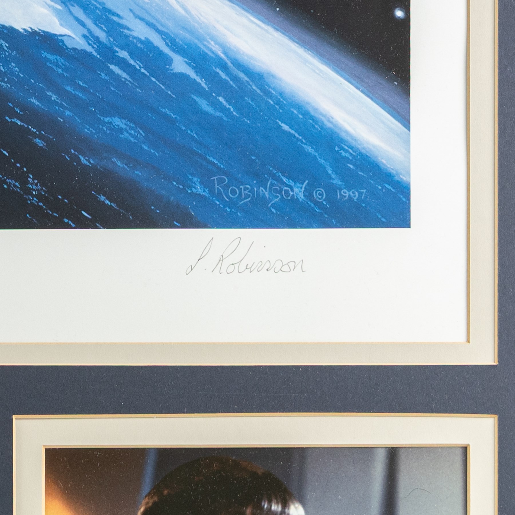 Limited edition Star Wars print 'The Voyage Begins' by Stewart Robinson numbered 516/1701, framed above three signed photographs of William Shatner as Captain James T. Kirk, Leonard Nimoy as Mr Spock and The Star Trek Legendary Four, all with certificates of authenticity verso, frame H109cm, W90cm