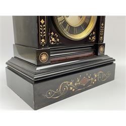Victorian black slate cased mantel clock, with rouge marble, engraved and gilt decoration, circular dial with Roman chapter ring, twin train eight day movement with brocot escapement, striking the hours and halves on bell, the movement back plate stamped 'B.R 39549 498'