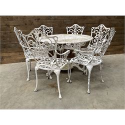 Victorian design cast aluminium circular garden table (D109cm, H72cm) and six armchairs 