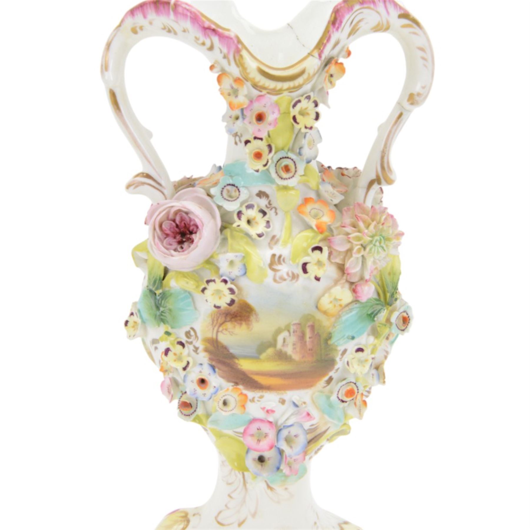 Near pair of Coalbrookdale style vases, of urnular twin handled form, painted with landscape scene and encrusted with blossoming flowers, tallest H29.5cm, together with a smaller Coalbrookdale style twin handled vase profusely encrusted with blossoming flowers, H22cm