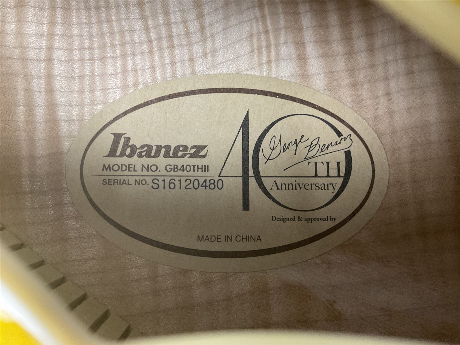 Ibanez George Benson 40th Anniversary arch top semi-acoustic guitar with floating pick-ups and mother-of-pearl inlay; model no.GB40THII serial no.S16120480; L104.5cm; in Ibanez hard carrying case with manual