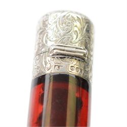 Victorian silver mounted red glass double scent bottle, with silver caps to both ends, engraved with bright cut scrolling decoration, hallmarked Sampson Mordan, London 1882, L10cm