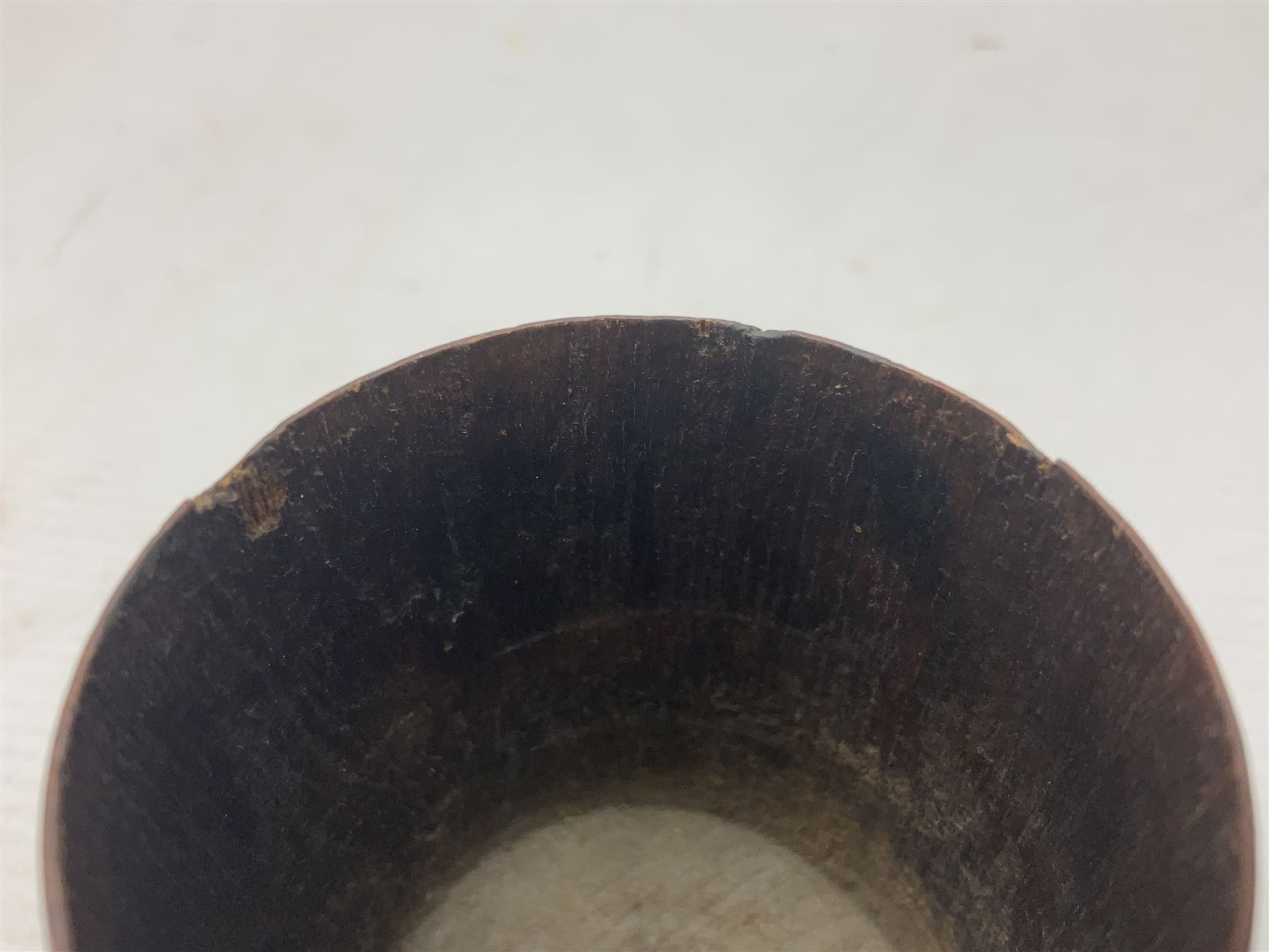 Treen miniature barrel with brass plaque entitled 'From the Teak of HMS Iron Duke Admiral Jellicoe's Flag Ship Jutland 1916' H17cm