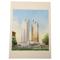 J H McCoy (20th Century): Architectural perspective of Moscow, watercolour heightened with white signed and dated 1989; John S Robinson (British 20th Century): Architectural perspective of a London Building, gouache signed; Architectural perspective of Imperial Chemical Industries Headquarters Slough and an angular interior, two mixed medias unsigned max 54.5cm x 48.5cm (4) (unframed)
