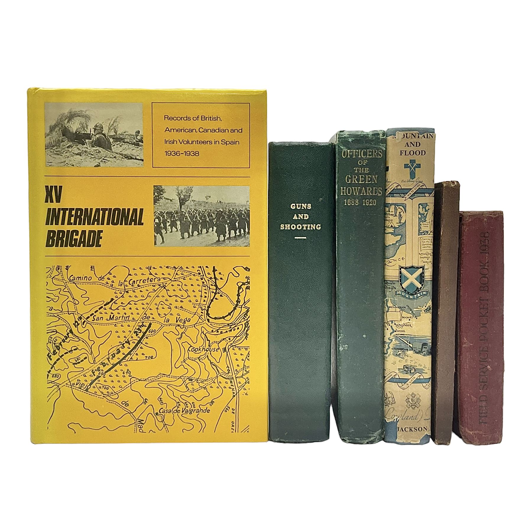 Hawker Lt. Col. P.: Instructions to Young Sportsmen in all that Relates to Guns and Shooting. 1833 7th edition. Re-bound in green cloth; Harting James Edmund: Hints on Shore Shooting.1871; Army Field Service Pocket Book. 1938. Contains numerous bound pamphlets; Ferrar Major M.L.: Officers of The Green Howards. 1920; Blake George: Mountain & Flood - History of the 52nd Lowland Division. 1950; and XV International Brigade. 1975 (6)