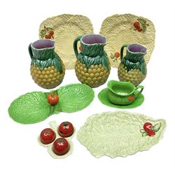 Set of three majolica pineapple jugs, together with Carlton ware crute and similar ceramics, largest jug H20cm