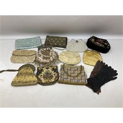 Large collection of antique and vintage textiles, to include various lace, and lace edged, tatting, and embroidered examples, together with various ladies accessories including handheld fans, beaded evening bags, and gloves
