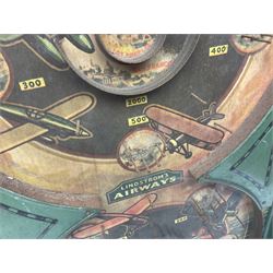 1934 Lindstrom's 'Airways' tin-plate bagatelle game by Lindstrom Tool and Toy Company Bridgeport Conn., the decorative bagatelle board depicting Lindstrom's epic airway routes; with wooden peg and quantity of balls H61cm