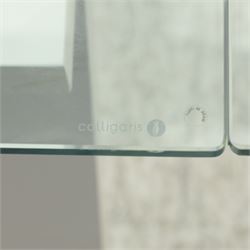 Calligaris - Connubia dining suite, comprising a 'Zeffiro' glass extending dining table and eight 'Academy' chairs, rectangular clear glass top with twin extension leaves extending to 220cm, mounted on white and ochre metal supports with central stretcher, together with eight matching moulded dining chairs with shaped seats and tapered legs